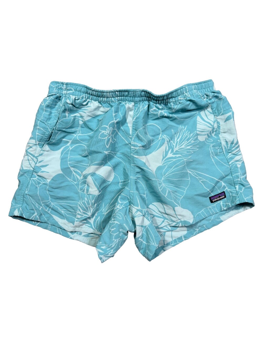 Patagonia Womens Baggies Shorts M Aqua Blue Floral Nylon Swim Hiking Outdoor